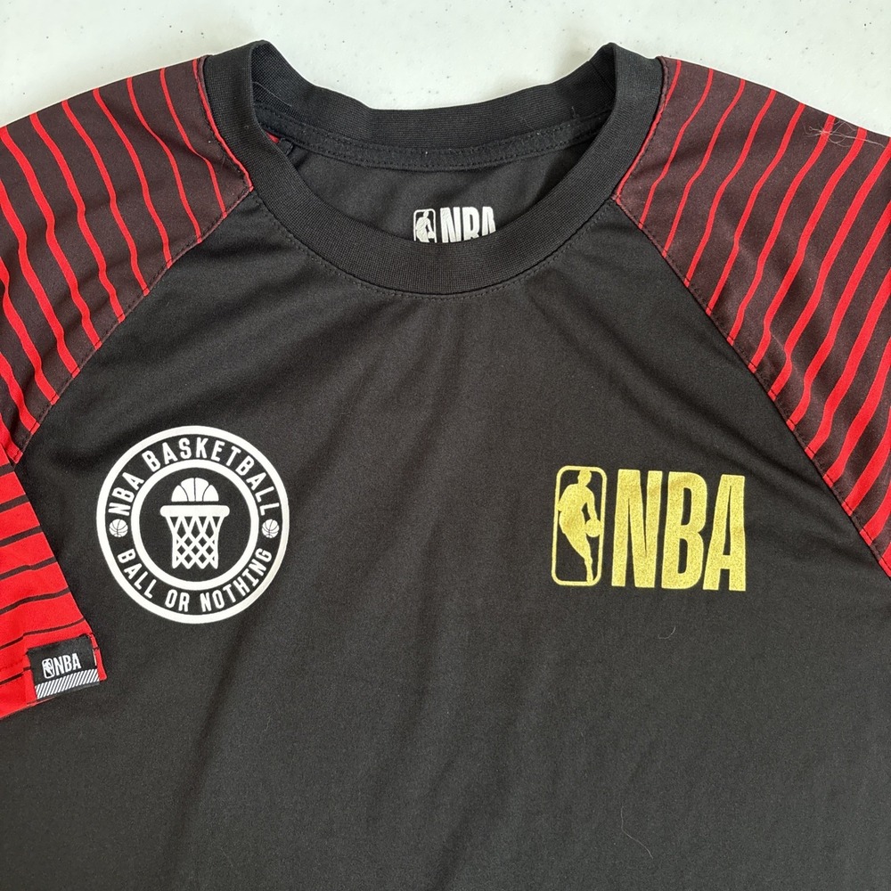 NBA Basketball Men's Medium Black and Red Striped Ball or Nothing Activewear Tee